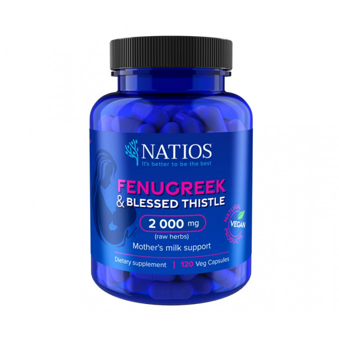 Natios Fenugreek &amp; Blessed Thistle Extract, Pískavice &amp; Benedikt, 2000 mg, 120 veg. kapslí